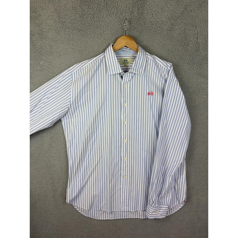 La Martina Shirt Mens XL Blue Stripe Long Sleeve Button Front Cotton Polo Casual